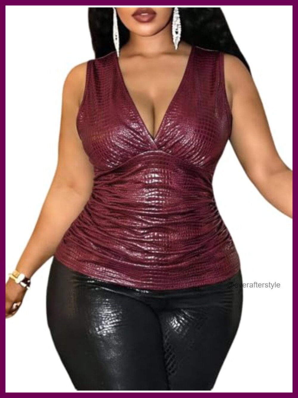 Plus Size PU Leather V Neck Ruched Tank Top Sleeveless Party Club Top